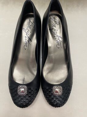 Brighton Barb Black Woven Leather Medallion Flats Made in Brazil Size 9.5 M
